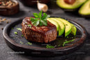 Juicy Beef Steak with Sliced Avocado and Fresh Parsley Garnish