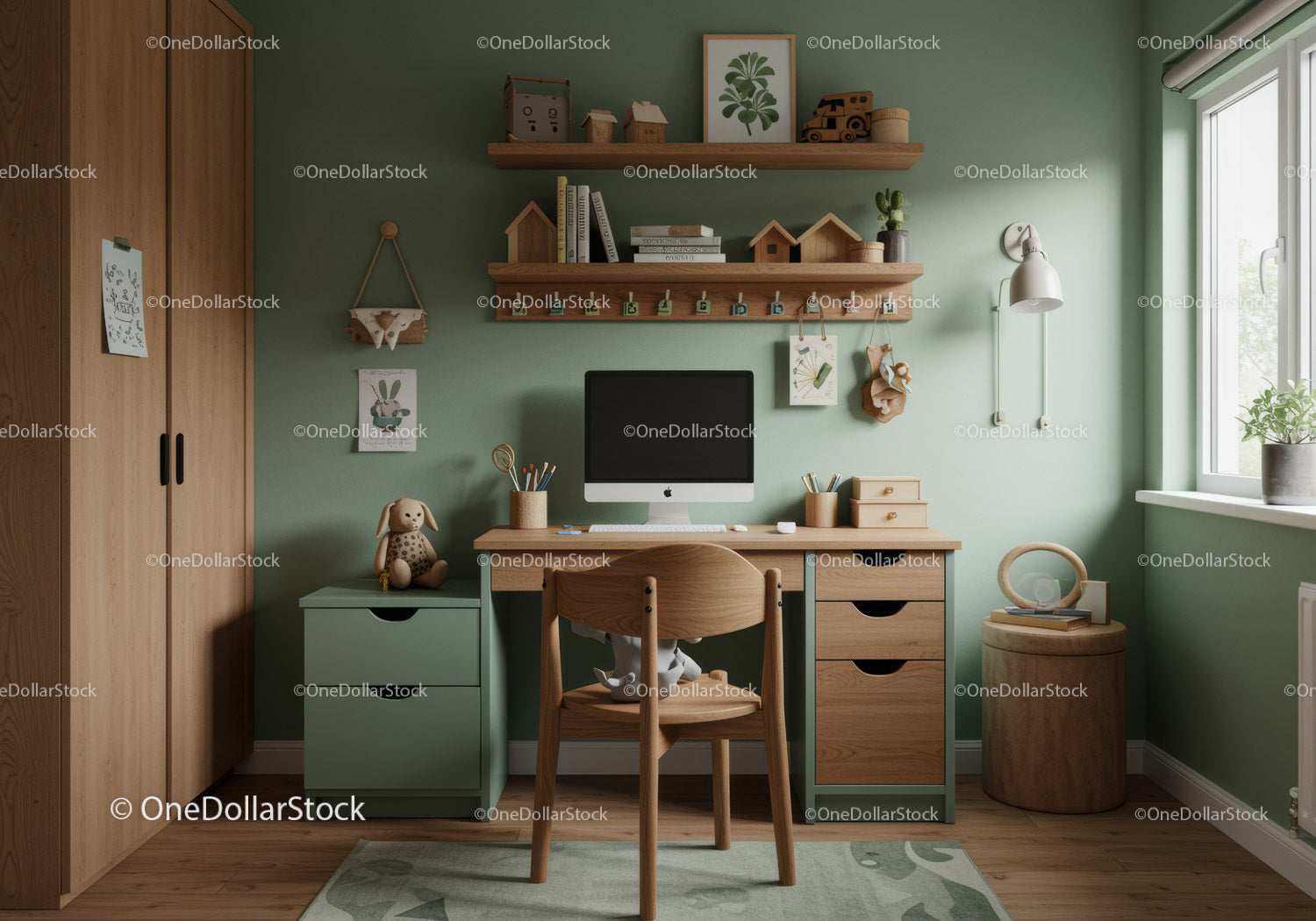 Modern Green Home Office with Wooden Furniture and Natural Light
