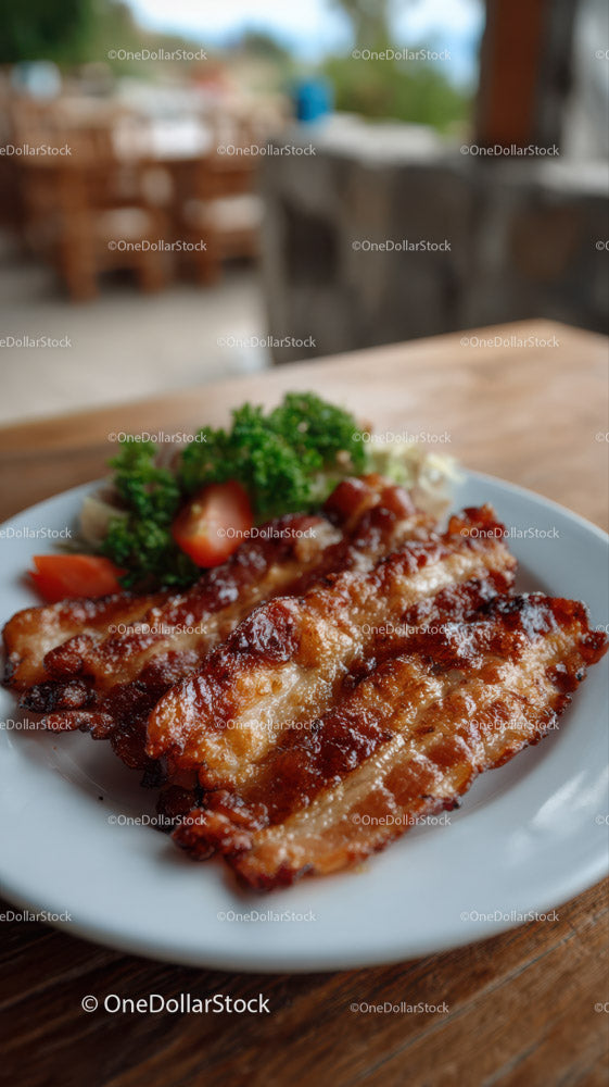 Juicy Barbecue Ribs with Fresh Salad on Wooden Table