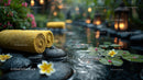 Serene Outdoor Spa Scene with Yellow Towel and Water Lilies