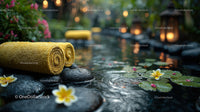 Serene Outdoor Spa Scene with Yellow Towel and Water Lilies