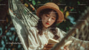 Young Woman Reading Book in Forest Hammock on Summer Day