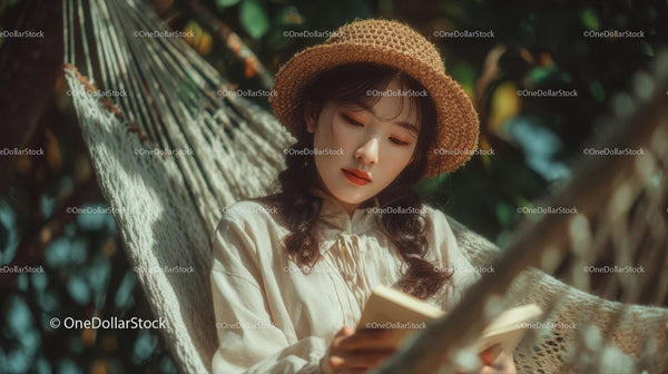 Young Woman Reading Book in Forest Hammock on Summer Day
