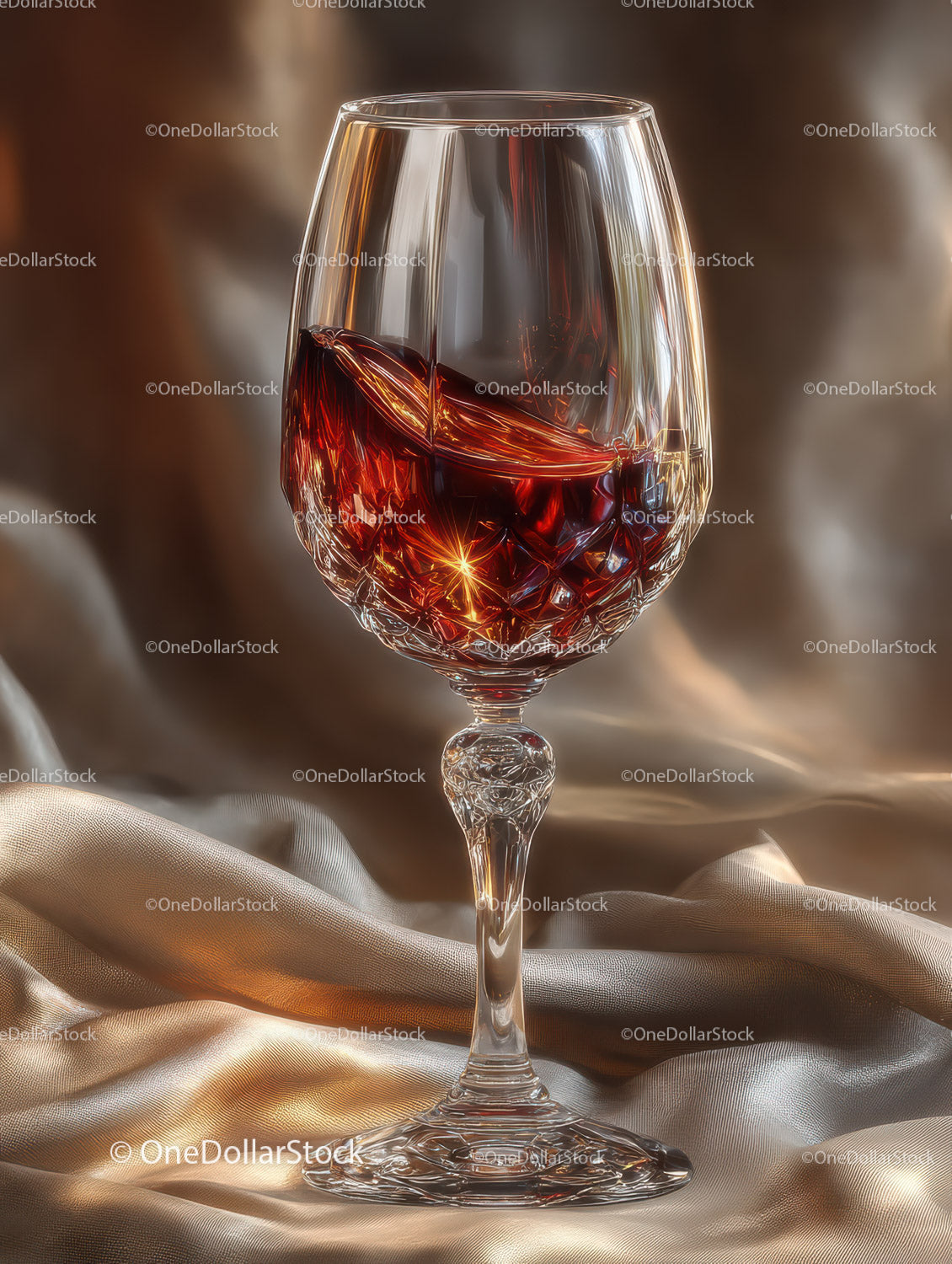 Elegant Crystal Wine Glass with Red Wine on Satin Surface