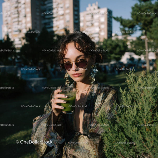 Stylish Woman Sipping Green Cocktail Outdoors in Urban Park
