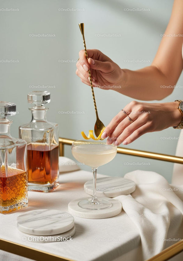 Elegant Cocktail with Lemon Twist and Gold Bar Tools in Modern Lounge