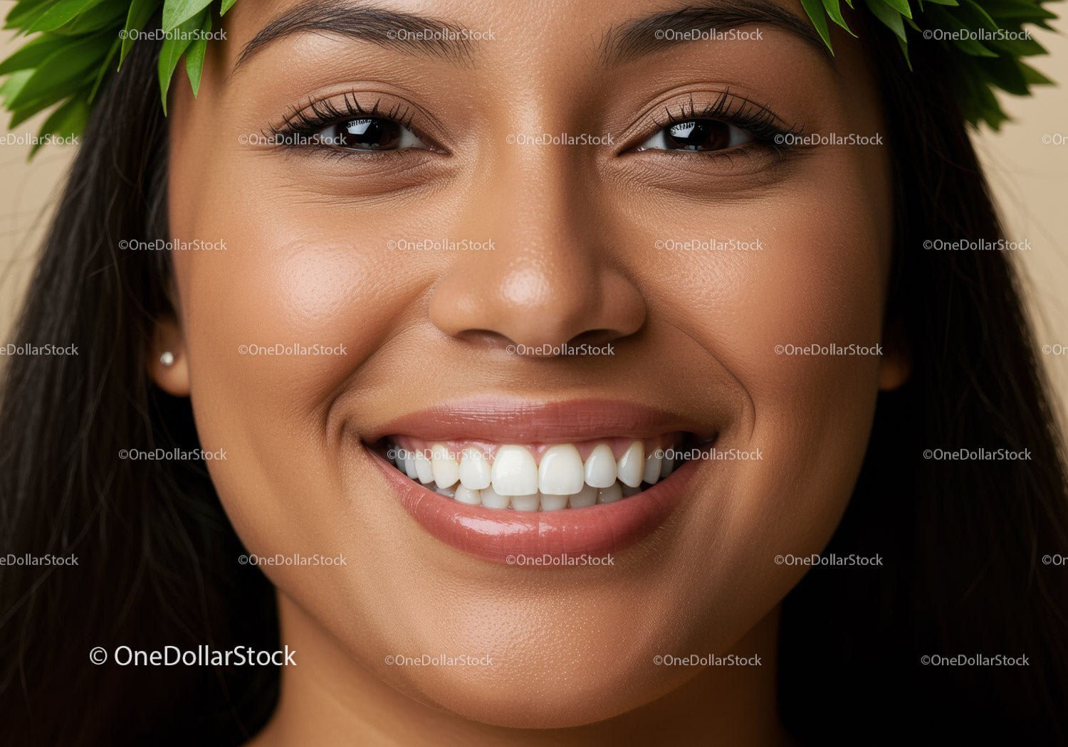 Closeup of smiling woman with green leaf crown