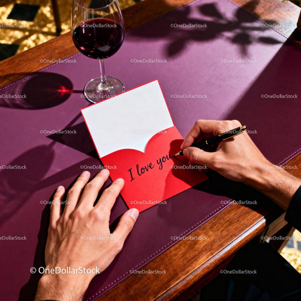 Man Writing I Love You on Valentine Card at Table