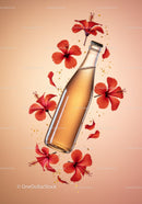 Bottle of sparkling drink surrounded by red hibiscus petals