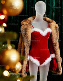 Holiday-themed mannequin wearing festive red velvet outfit