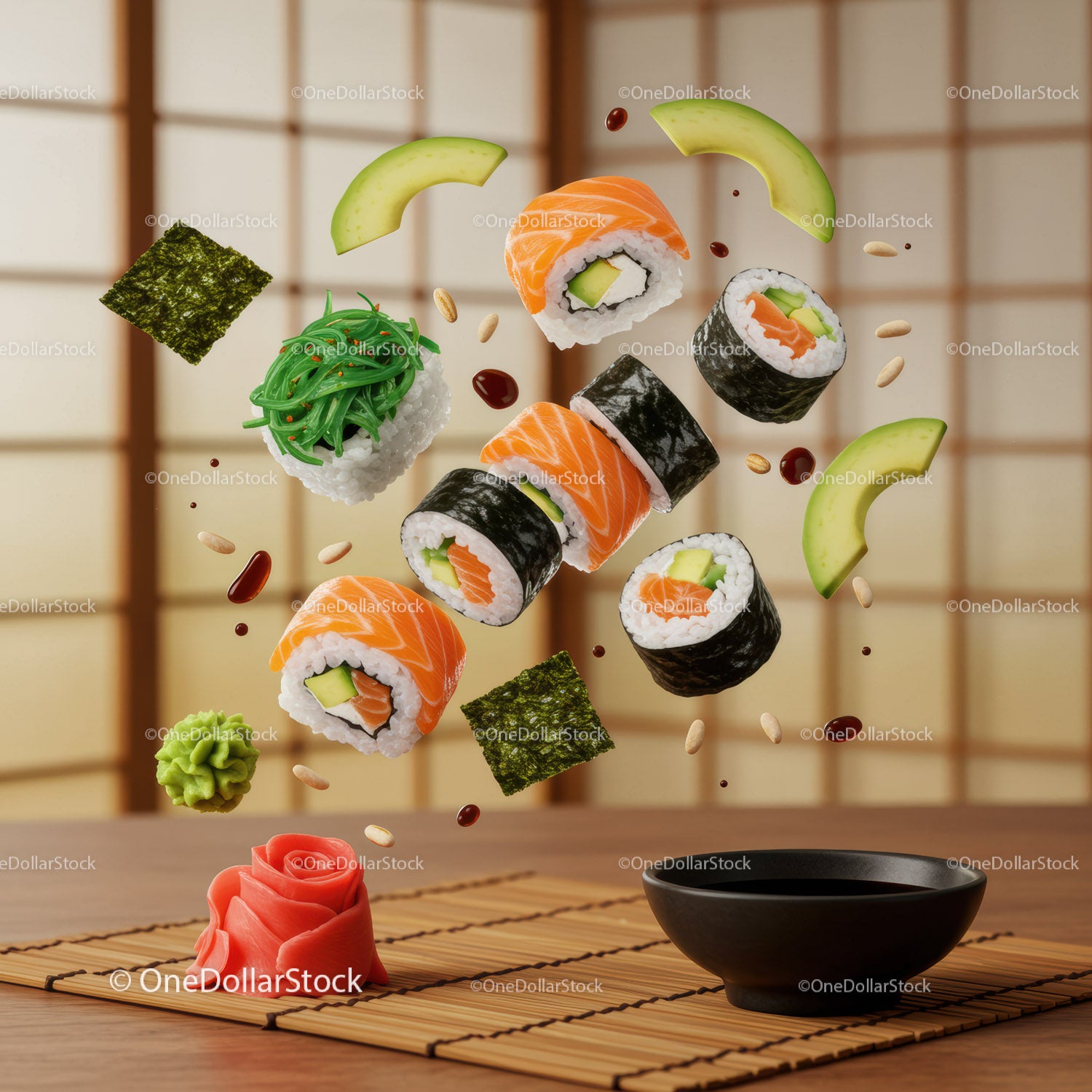 Różne rolki sushi z sosem i dodatkami unoszącymi się na wodzie