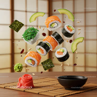 Assorted sushi rolls with sauce and garnishes floating