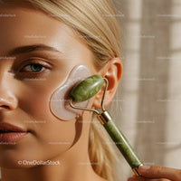 Woman Using Jade Facial Roller for Skin Rejuvenation and Relaxation