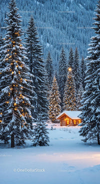 Cozy log cabin surrounded by snowy pine trees with lights