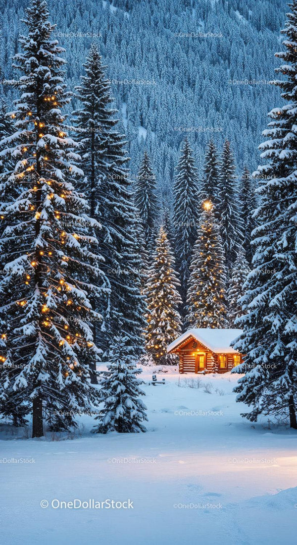 Cozy log cabin surrounded by snowy pine trees with lights