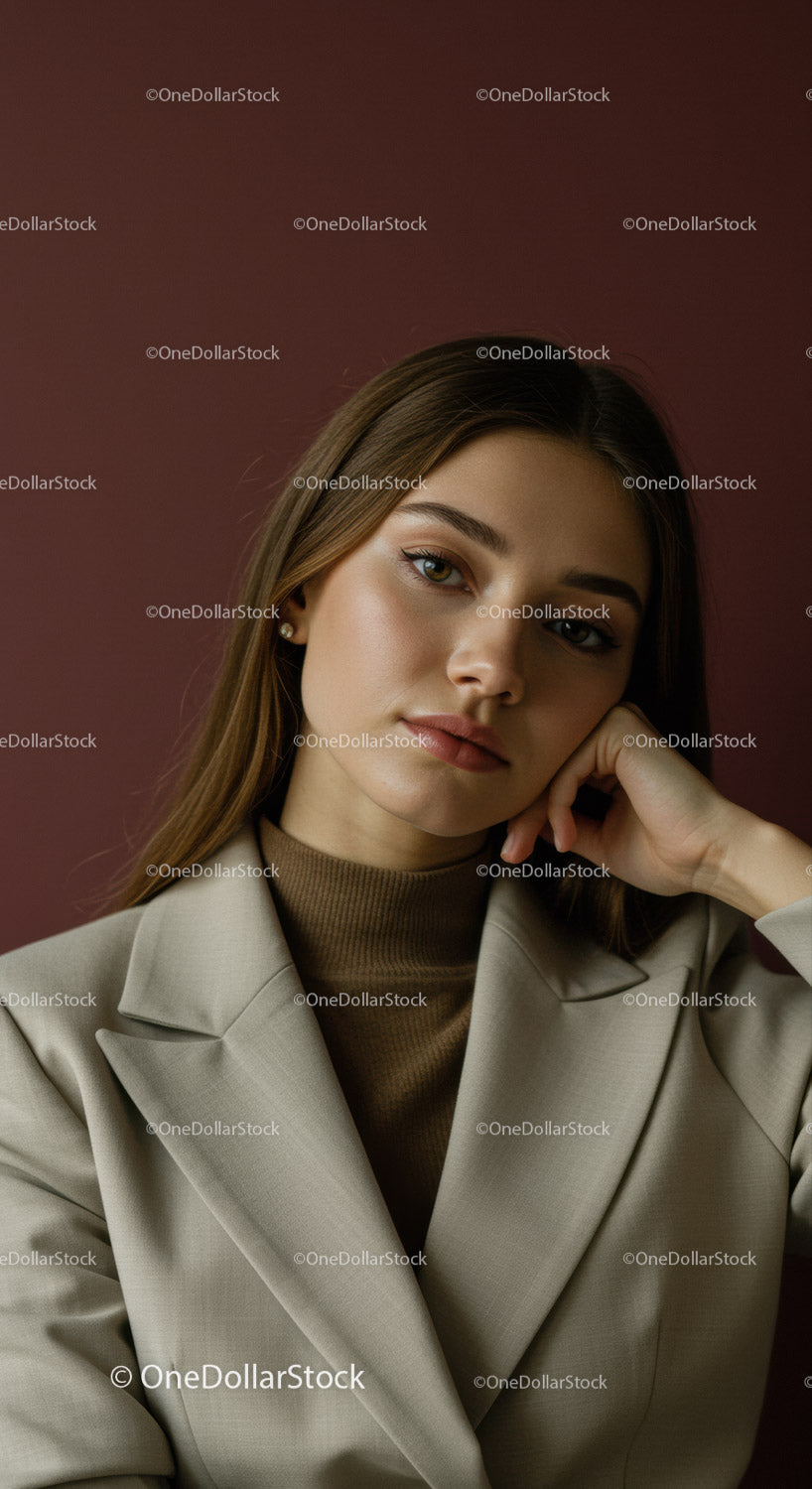 Elegant Young Woman in Beige Blazer with Confident Expression