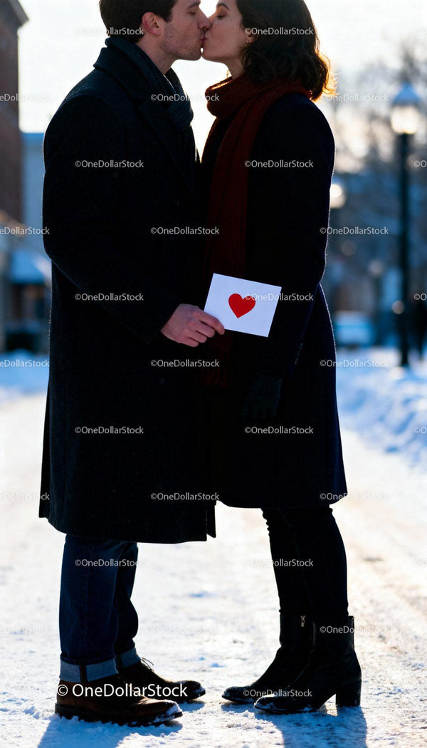 Couple sharing a tender kiss with Valentine card outdoors