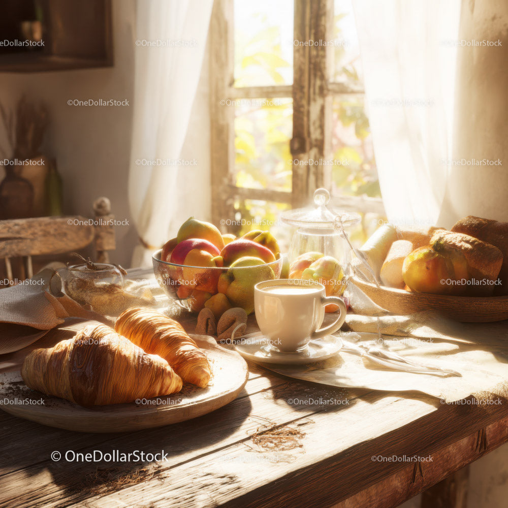 Rustic Breakfast Scene with Croissants Apples and Coffee in Warm Morning Light