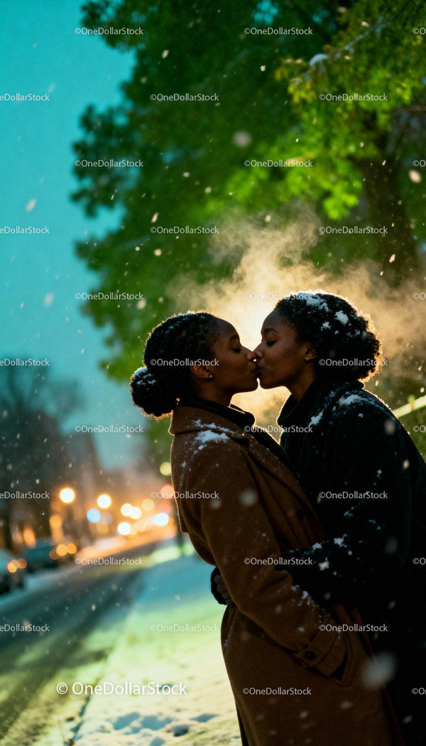 Couple sharing a tender kiss in snowy winter evening