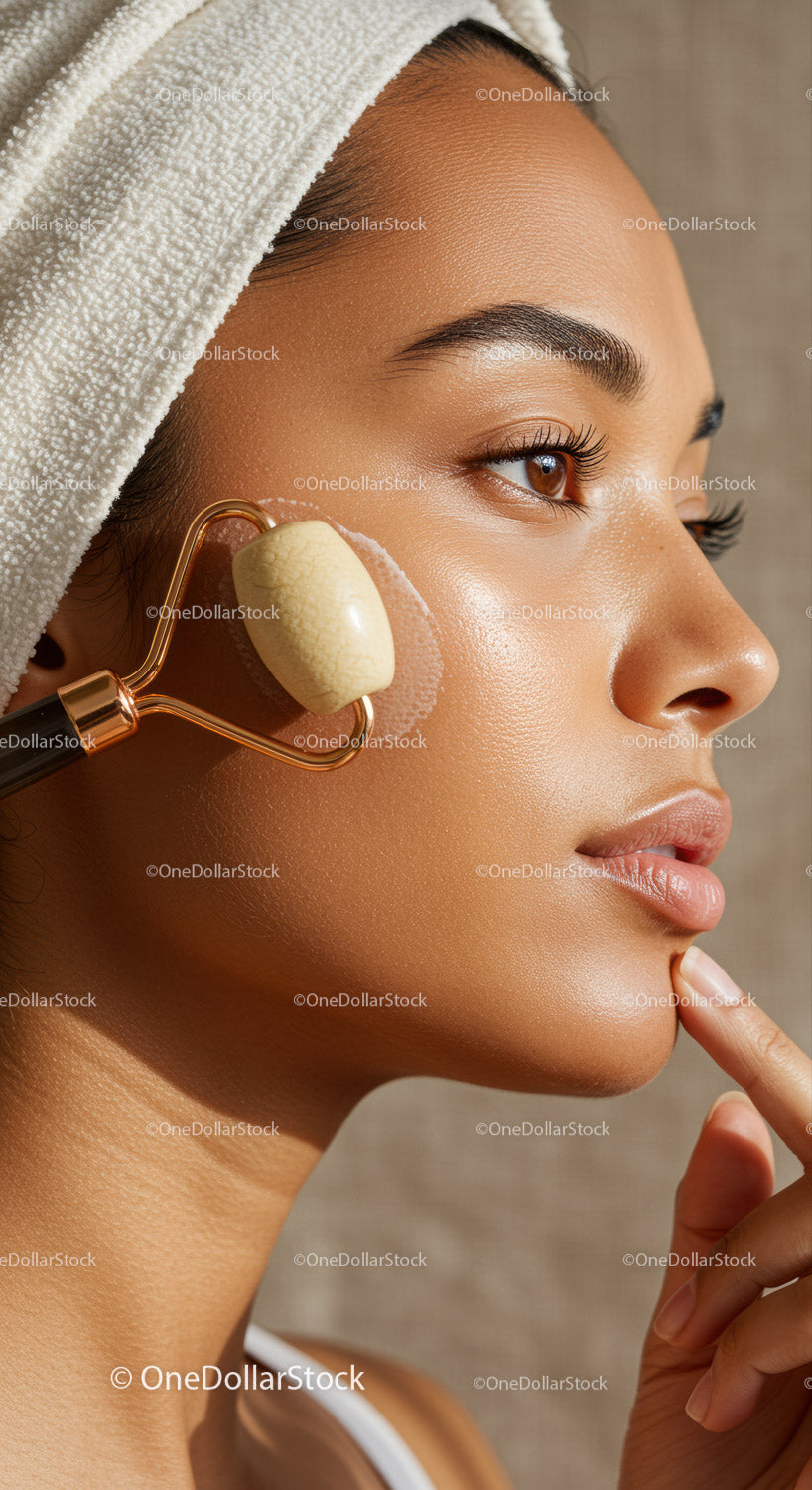 Young Woman Receiving Facial Massage Using Jade Roller for Glowing Skin