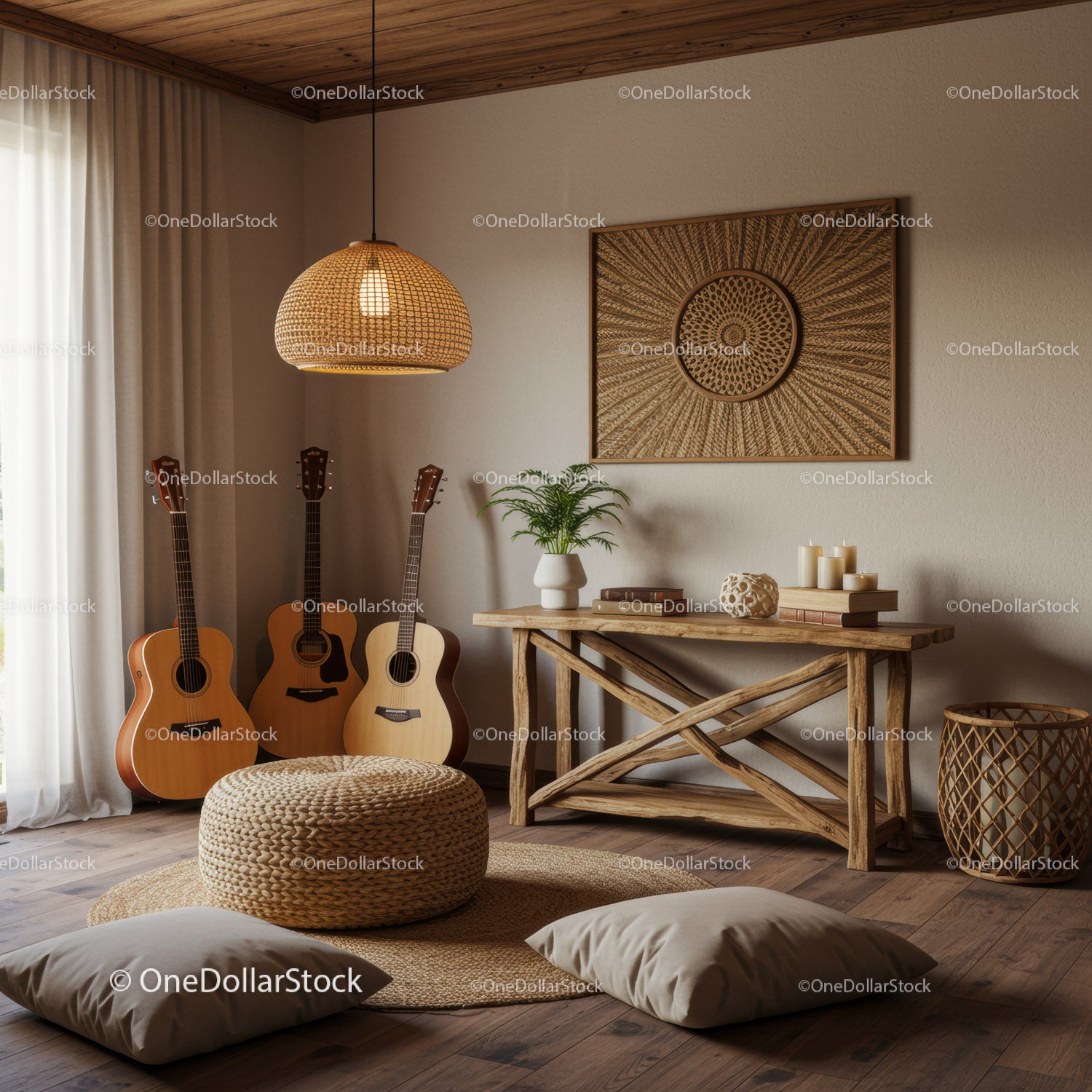 Przytulny, minimalistyczny salon z gitarami akustycznymi i naturalnym wystrojem