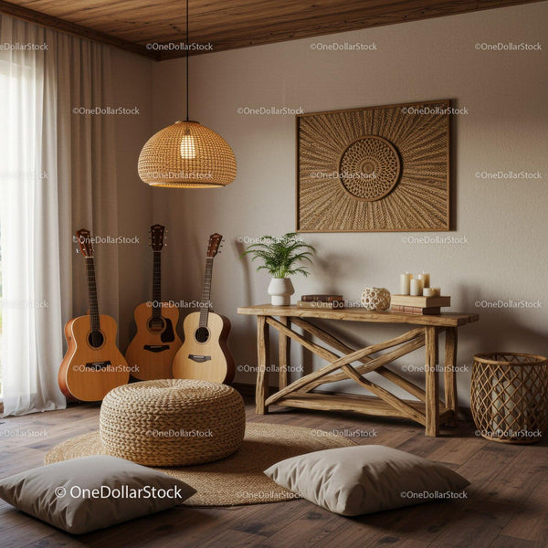 Cozy minimalist living room with acoustic guitars and natural decor