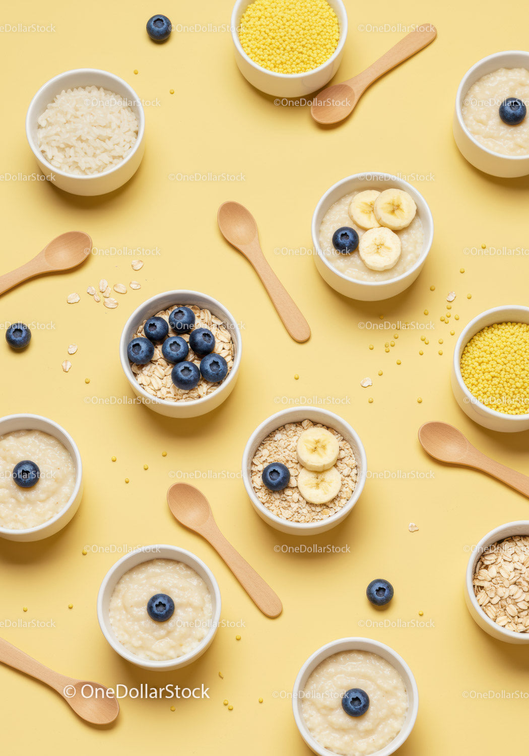 Healthy Breakfast Bowls with Fruits and Grains on Yellow