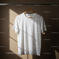 Minimalist white t-shirt hanging on wooden hanger with sunlight