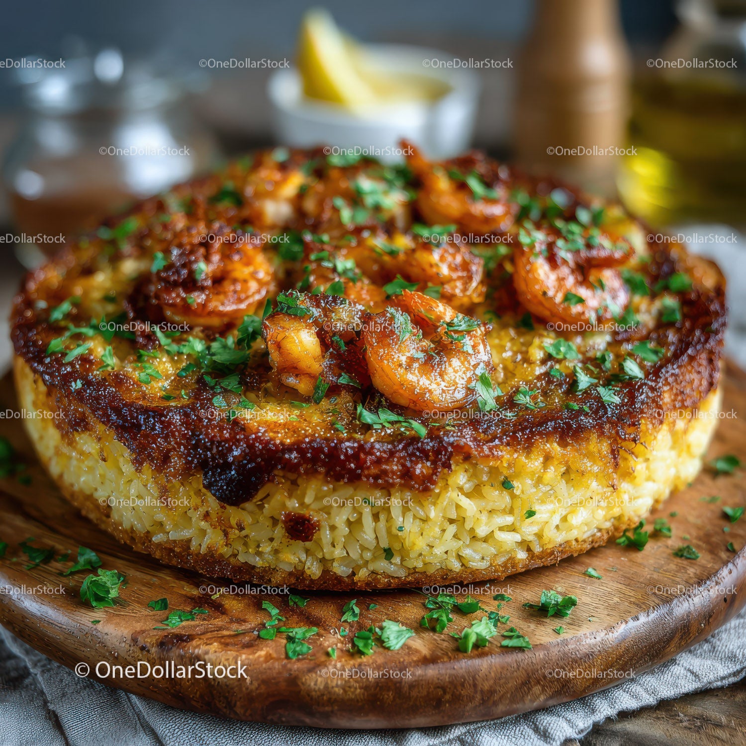 Shrimp and Rice Bake Garnished with Fresh Parsley on Wooden Board