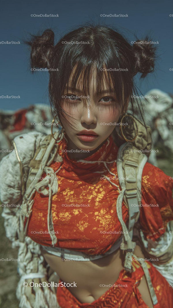 Stylish Young Woman with Trekking Gear in Outdoors