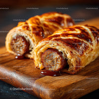 Golden Brown Sausage Roll with Crispy Flaky Pastry on Wooden Board