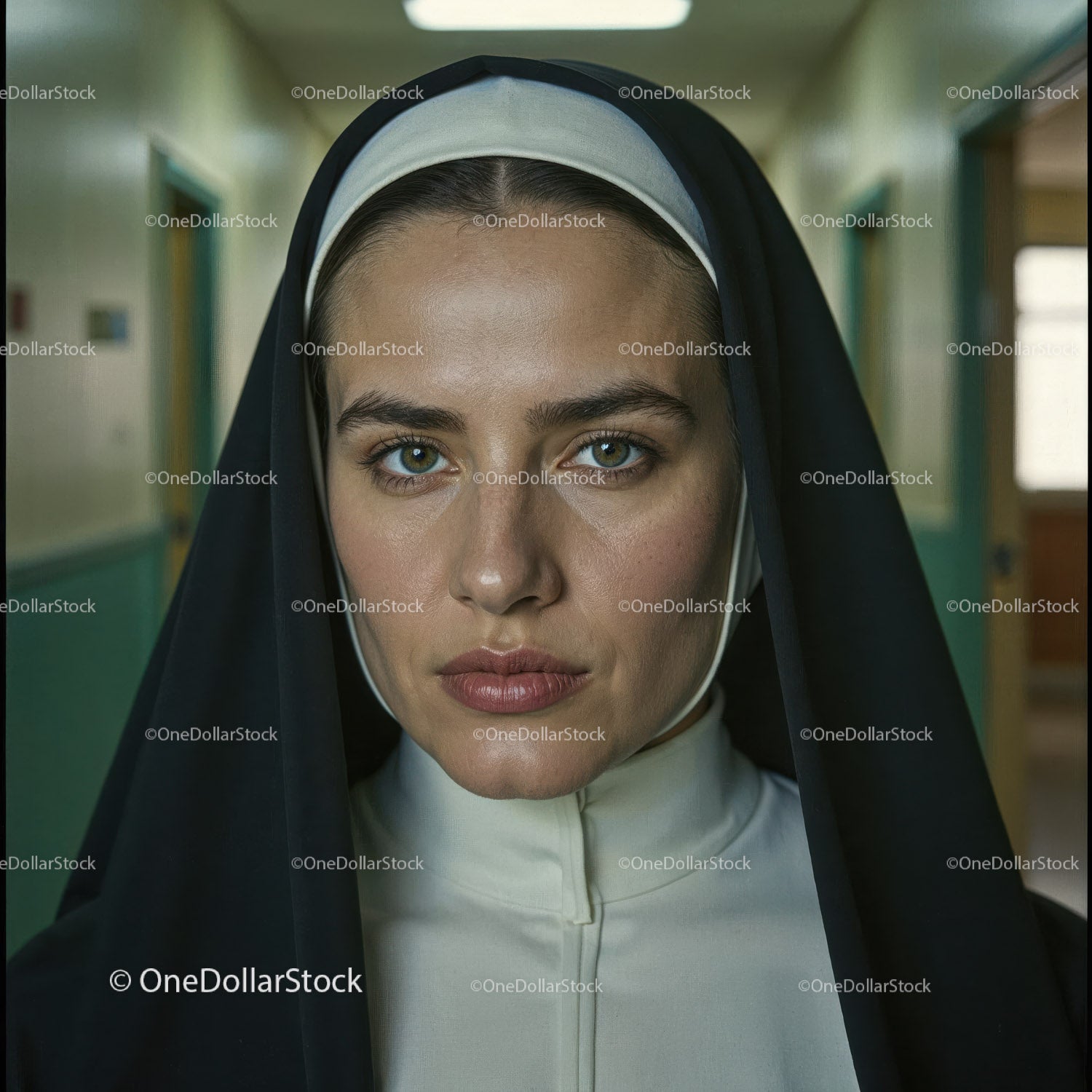 Confident Nurse in Hospital Corridor With Serious Expression