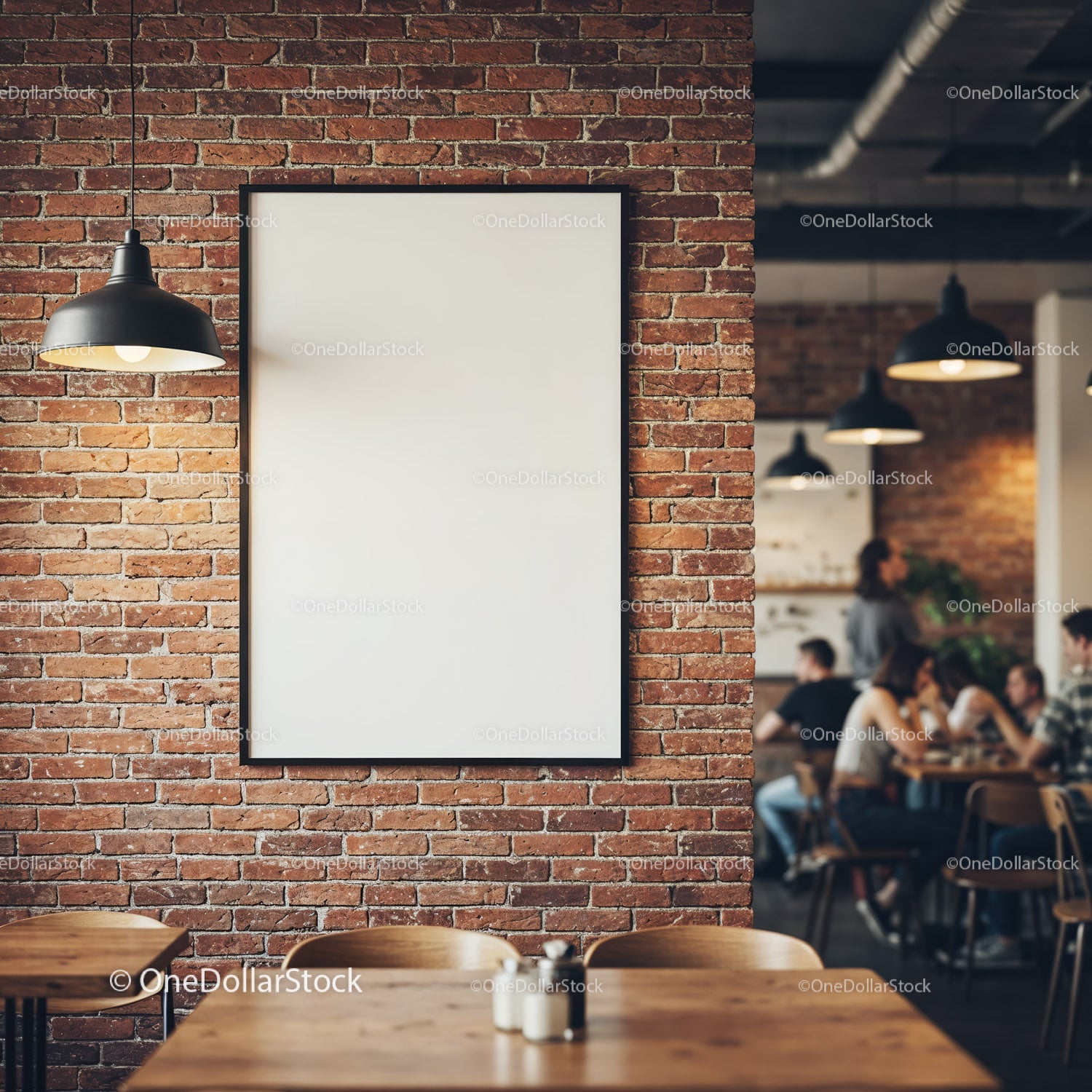 Cozy cafe interior with blank poster on brick wall
