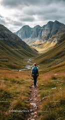 Majestic Mountain Valley Landscape with Hiker and Rugged Trail
