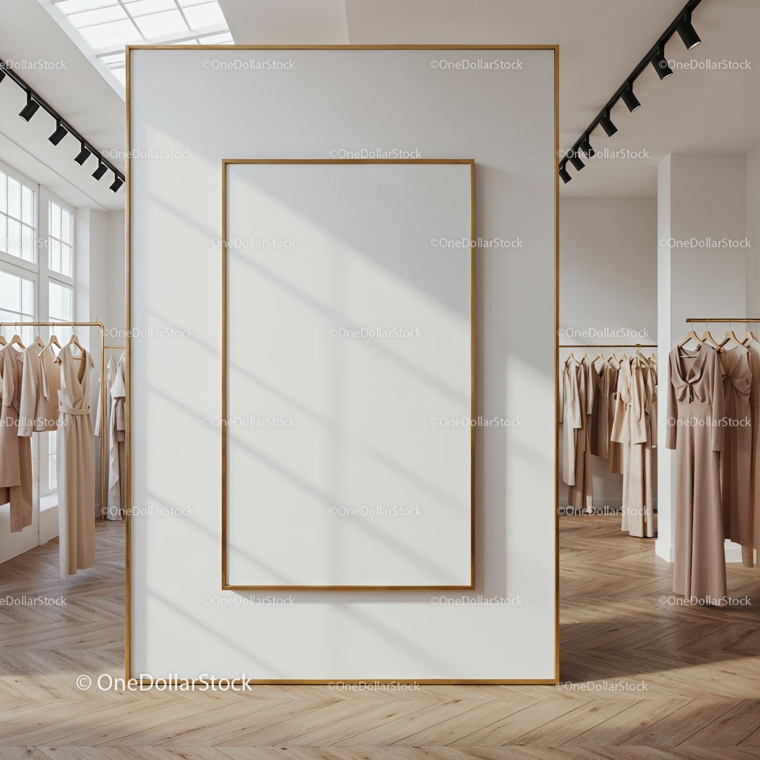 Minimalist fashion store interior with empty poster frame
