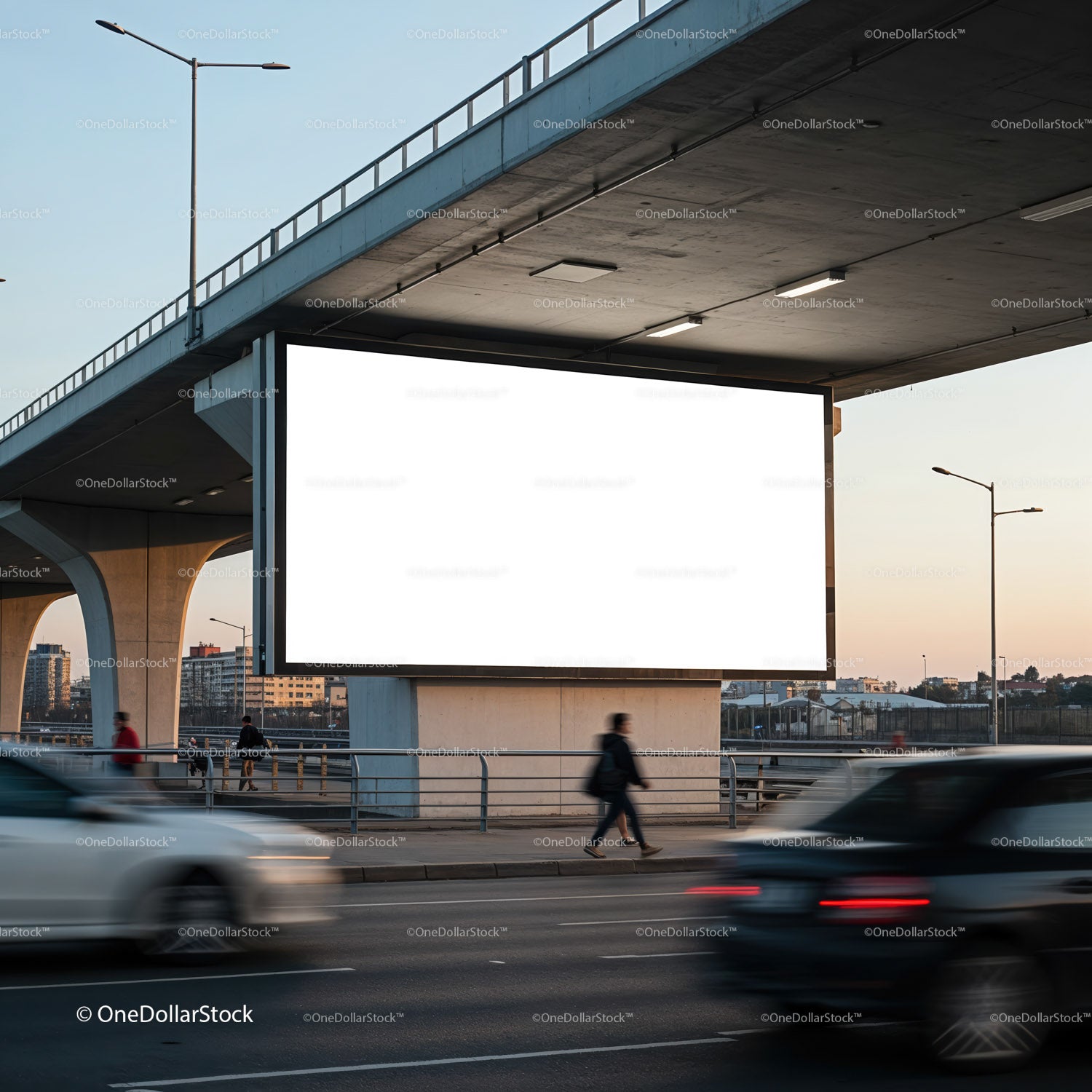 Empty billboard under city overpass at dusk