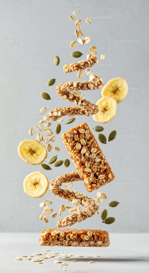 Floating granola bars with banana slices and seeds