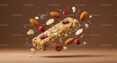 Healthy granola bar with almonds and cranberries flying