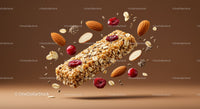 Healthy granola bar with almonds and cranberries flying