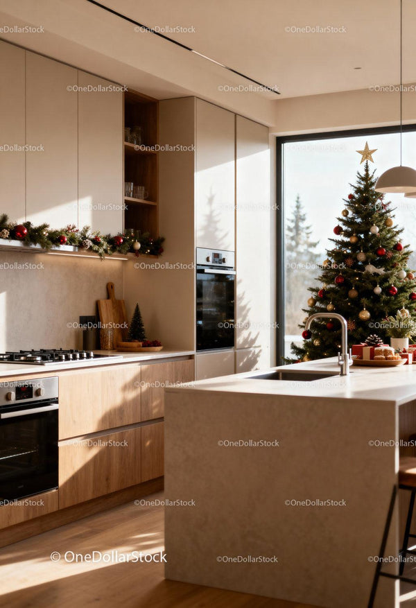 Modern kitchen decorated for warm Christmas celebration