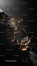 Elegant flowing black liquid with gold splashes in an abstract scene
