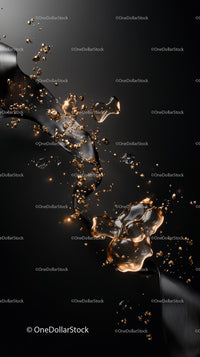 Elegant flowing black liquid with gold splashes in an abstract scene