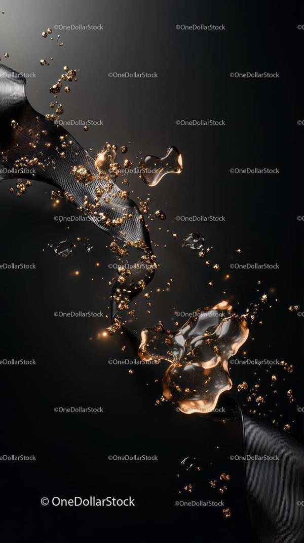Elegant flowing black liquid with gold splashes in an abstract scene