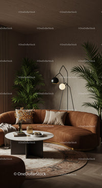 Cozy living room with round brown leather sofa and plants