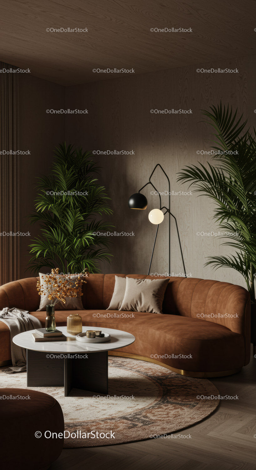 Przytulny salon z okrągłą, brązową skórzaną sofą i roślinami