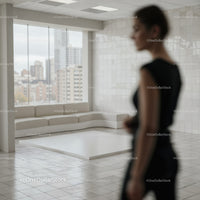 Blurred woman in modern minimalist living room interior