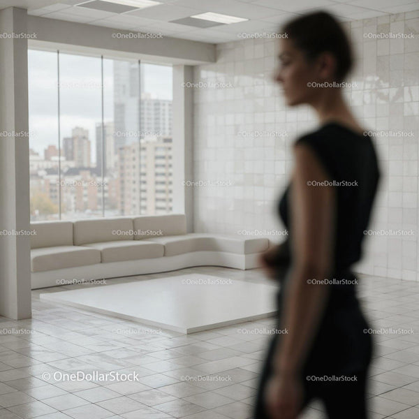 Blurred woman in modern minimalist living room interior JPG Mockup Image