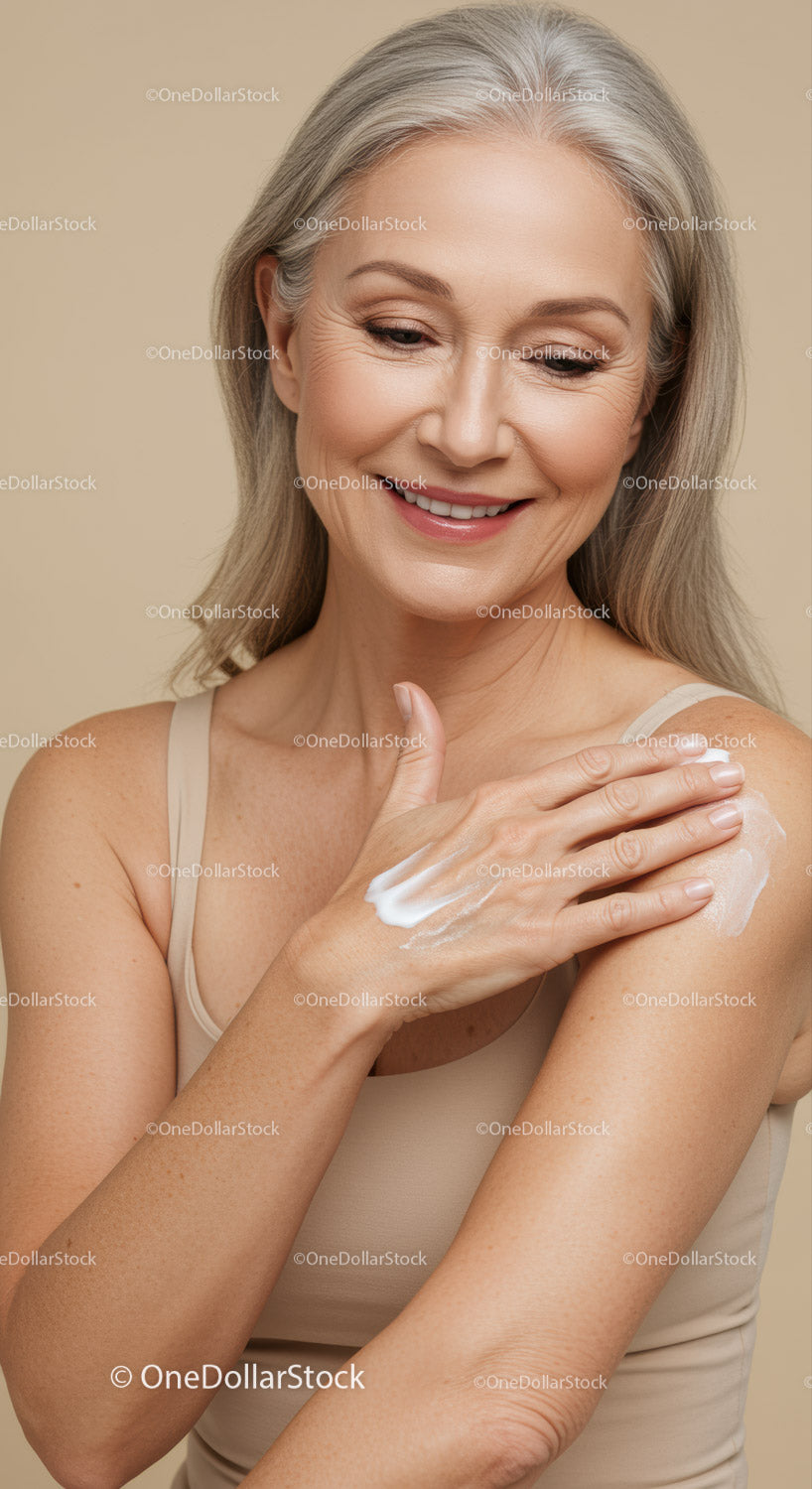 Elegant Elderly Woman Applying Skin Care Cream for Healthy Aging