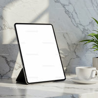 Modern tablet with blank screen on marble table
