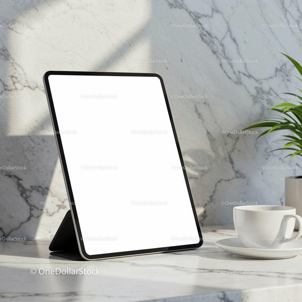 Modern tablet with blank screen on marble table JPG Mockup Image